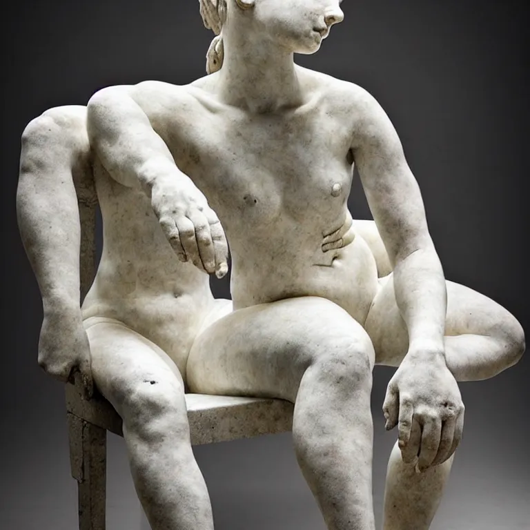 Image similar to a sculpture of a person sitting on top of a chair, a marble sculpture by nicola samori, behance, neo - expressionism, marble sculpture, apocalypse art, made of mist