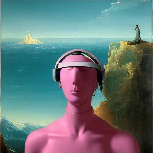 Image similar to David Friedrich, award winning masterpiece with incredible details, a surreal vaporwave vaporwave vaporwave vaporwave vaporwave painting by Thomas Cole of an old pink mannequin head wearing VR goggles with cables and wires coming out of it's neck, highly detailed