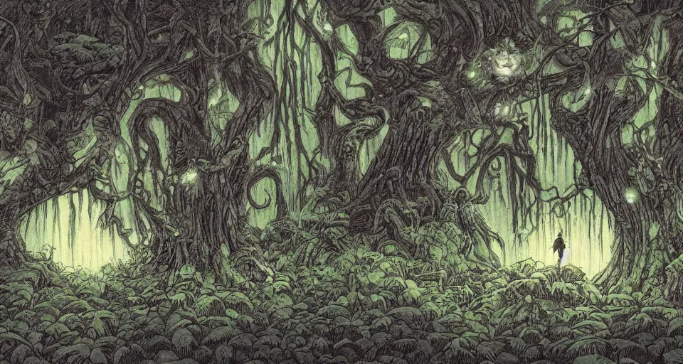 Prompt: A dense and dark enchanted forest with a swamp, by Akira Toriyama