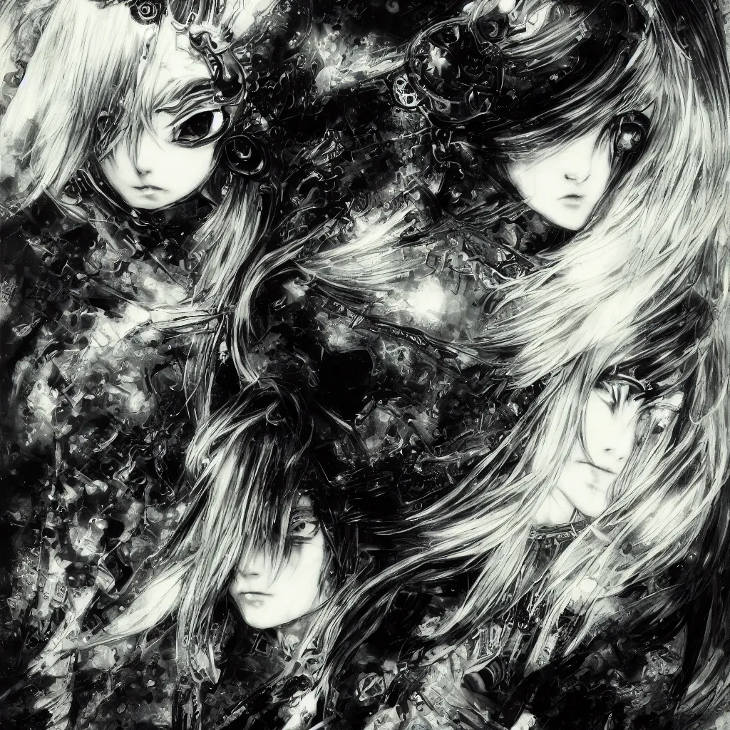 Image similar to Yoshitaka Amano blurred and dreamy illustration of an anime girl with pirate eye patch, wavy white hair and cracks on her face wearing Elden ring armour with the cape fluttering in the wind, abstract black and white patterns on the background, noisy film grain effect, highly detailed, Renaissance oil painting, weird portrait angle