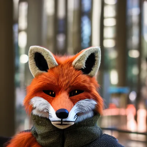 Image similar to portrait of a realistic fox fursuit at a furry convention, indoors, midday, realisitc bokeh photo