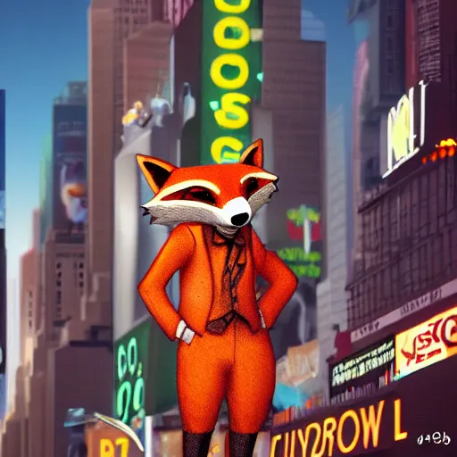 Prompt: anthropomorphic furry fox wearing a tuxedo stands on the times square ,detailed, environment, building, cinematic lights, Artstation