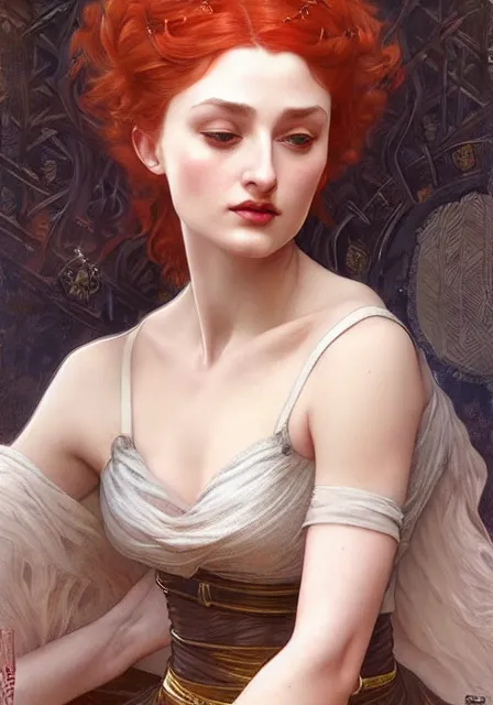 Image similar to sansa fire queen, intricate, elegant, highly detailed, digital painting, artstation, concept art, smooth, sharp focus, illustration, art by artgerm and greg rutkowski and alphonse mucha and willia m - adolphe bouguereau