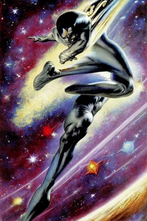 Image similar to Silver Surfer flying through space, by Frank Frazetta
