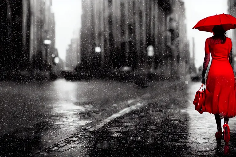 Prompt: realistic photograph of a beautiful woman in a red dress walking down a rainy city street, highly detailed, noir