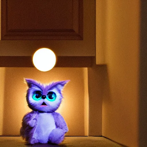 Image similar to Found footage of a dimly lit bedroom with a single furby sitting in the center of the room, staring at the viewer in the doorframe