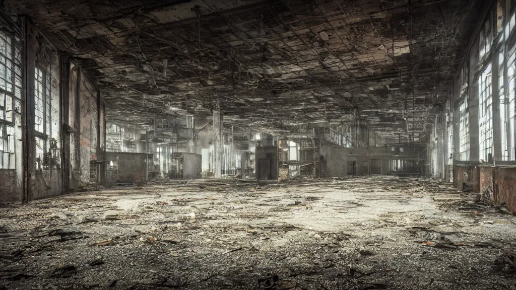 Prompt: abandoned factory, dimly lit, unknown figure lurking in background, unsettling, 4 k, photo realistic