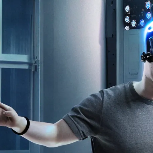 Image similar to Mark Zuckerberg revealing his very detailed and complex cybernetic enhancements faceplate lifting from his,arms revealing cables and metal frame ,raytracing, very detailed, 4k, cinematic lighting,