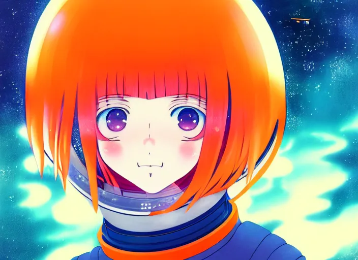 Image similar to anime portrait of a young astronaut girl floating inside a spacestation flowing orange hair no helmet, Karolis Strautniekas,omoide emanon, tsuruta kenji, murata range,kawaii, kyoto animation, manga, intricate, detailed, studio lighting, gradation,editorial illustration, matte print, Ilya Kuvshinov