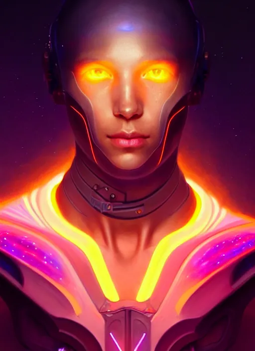 Image similar to a male cyborg faceless glowing liquefied stardust adventurer, dnd fantasy character, full body portrait, glowing neon skin, magical aura, ultra realistic, intricate, elegant, highly detailed, digital painting, artstation, smooth, sharp, focus, illustration, art by artgerm and greg rutkowski and alphonse mucha