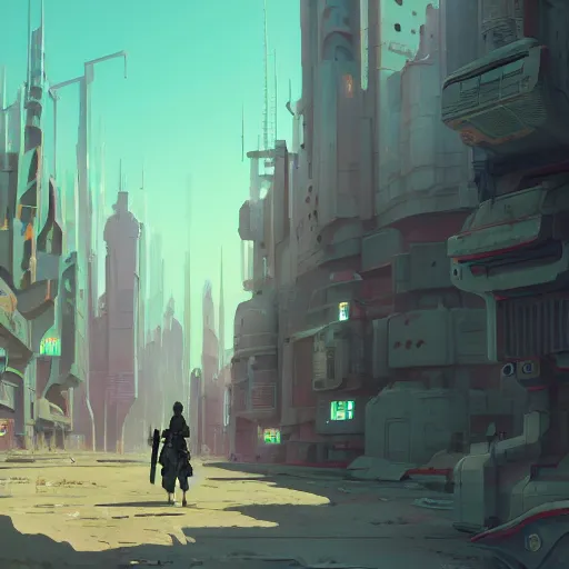 Prompt: matte painting scenery, futuristic town, cyberpunk style, barren, fantasy game, 3D cell shaded, scenery game concept art, official fanart, Anime by Ian McQue and ilya kuvshinov and Cushart Krentz and Gilleard James, 4k, HDR, Trending on artstation, Behance, award winning