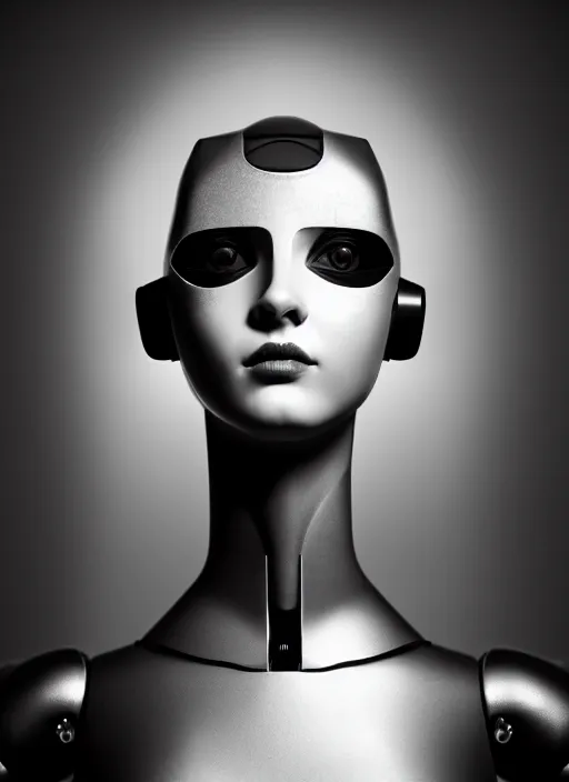 Image similar to surreal mythical dreamy dark artistic black and white fine art fashion portrait photo of a young beautiful delicate female metropolis robot loving the universe, spiritual, halo, glory, rim light, cinematic, studio dramatic light, poetic, masterpiece, octane render, 8 k, photo - realistic by william bouguereau man ray