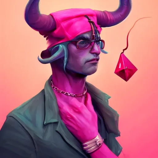 Image similar to a hot pink tiefling with a tinfoil hat, a pet rat, exasperated, young man green eyes, horns, character art, full body art, dungeons and dragons, d & d, trending on artstation, artgerm, 4 k ultra hd, sharp focus, digital art by ilya kuvshinov and ross tran