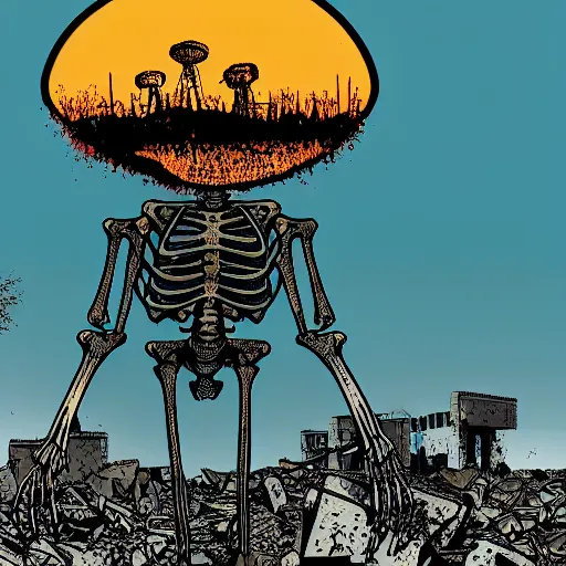 Prompt: a skeleton wearing a suit standing in ruins of nuclear explosion by Dan Mumford