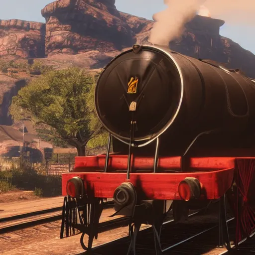 Image similar to futuristic sleek steam locomotive in red dead redemption 2