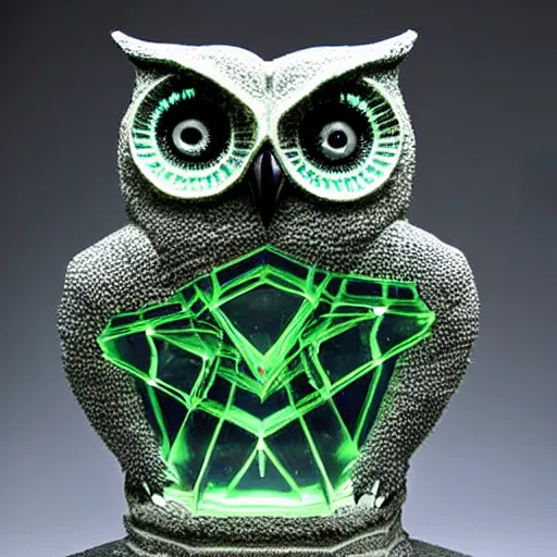 Prompt: symmetrical detailed sculpture of an owl, made of Kryptonite