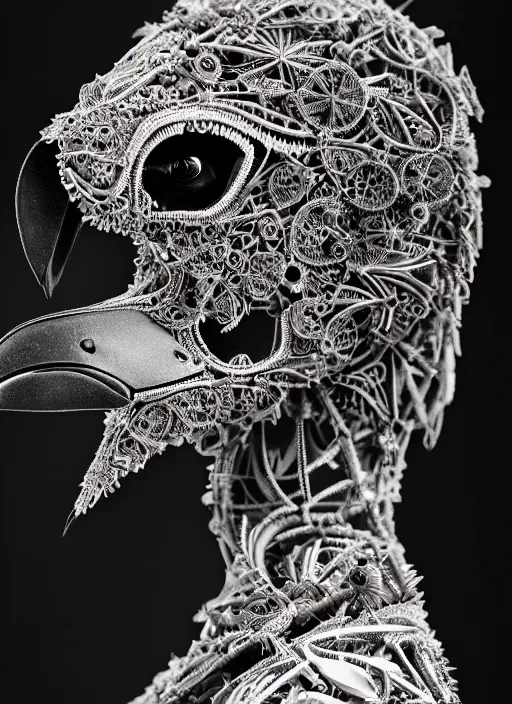 Image similar to a stunning young vegetal female crow - cyborg profile face, face is made intricate tribal bio - mechanical, editorial photography, bw, shot on 7 0 mm, depth of field, f / 2. 8, high contrast, 1 6 k, volumetric lighting, shiny, insanely detailed and intricate, hypermaximalist, elegant, ornate, hyper realistic, super detailed