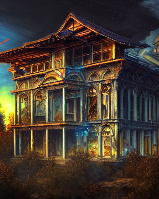 Prompt: a beautiful ultradetailed painting of shrine urbex building unfinished building by albrecht durer, vice city wilderness assassin's creed at dusk cyberpunk thermal imaging made of glass matte painting earth tron laser sunlight at dawn nightvision, archdaily, wallpaper, highly detailed, trending on artstation.