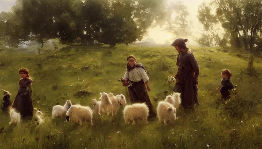 Prompt: simple villager shepherd and children with flocks of cats in open fields, art by anders zorn, wonderful masterpiece by greg rutkowski, beautiful cinematic light, american romanticism thomas lawrence, greg rutkowski