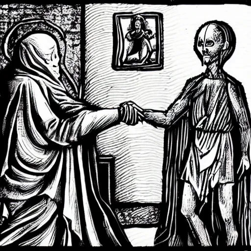 Image similar to A lizard person shaking hands with a religious icon, horror, black metal