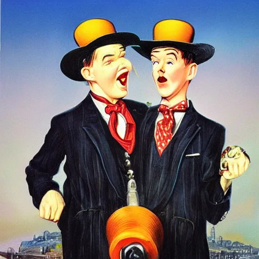 Image similar to A portrait of Stan Laurel and Laurel Hardy in hats by Frank Kelly Freas