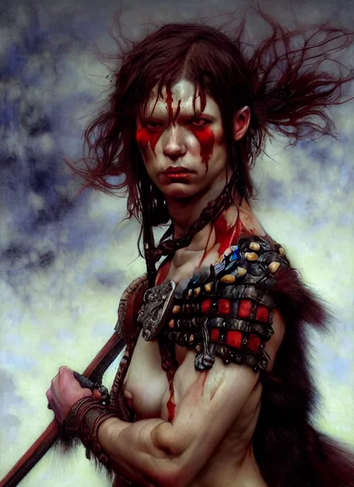 Image similar to barbarian, savage, full body, hyper realistic, extremely detailed, dnd character art portrait, dark fantasy art, intricate fantasy painting, dramatic lighting, vivid colors, deviantart, artstation, by edgar maxence and caravaggio and michael whelan and delacroix.
