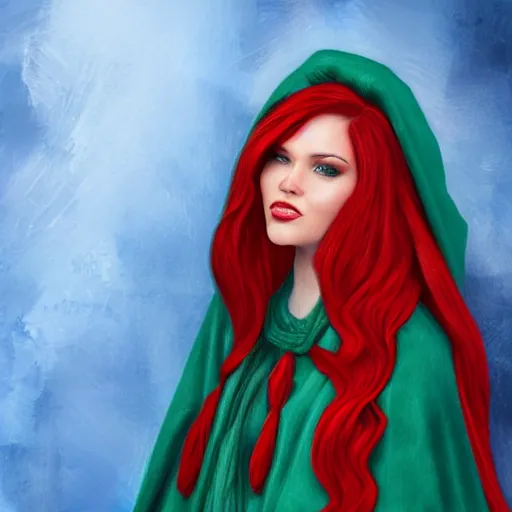 Prompt: a rouge with red hair wearing a turquoise cloak, photorealistic