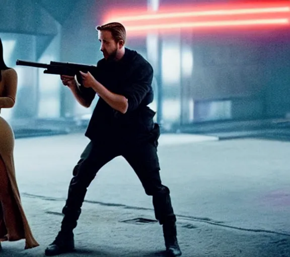 Image similar to a movie still of kim kardashian aiming a gun with ryan gosling in the movie blade runner 2 0 4 9
