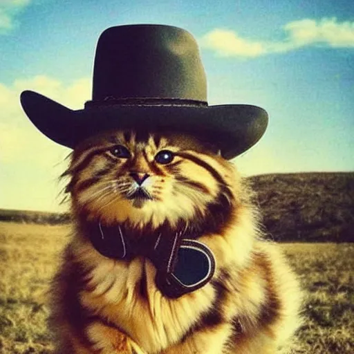 Prompt: siberian cat in a cowboy hat riding a corgi, wild west, sunset. no dude, for real, i want a siberian felis catus wearing a cowboy hat, riding a corgi canis. i dont want any cat hybrids, dogs ruding dogs or girls!!!!