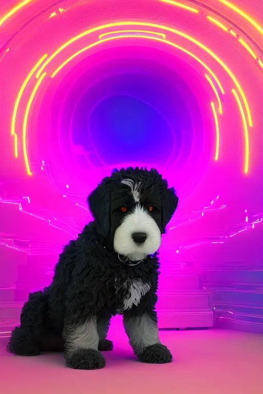 Image similar to a cute bernedoodle puppy sitting in gaming chair + neon rgb light strips, large computer monitor, space themed walls, vaporwave, dramatic, confident, rule of thirds, 4 k, award winning, octane render, volumetric lighting