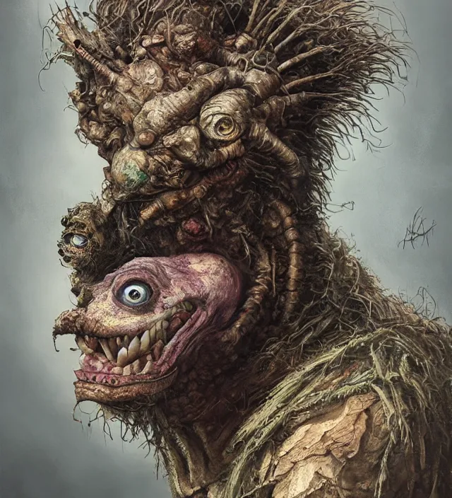 Image similar to hyper realistic portrait of postapocalyptic muppet monster goblin, cinematic, symmetric, dark crystal, artstation, cgsociety, alan lee, brian froud, jean baptiste monge, scott radke