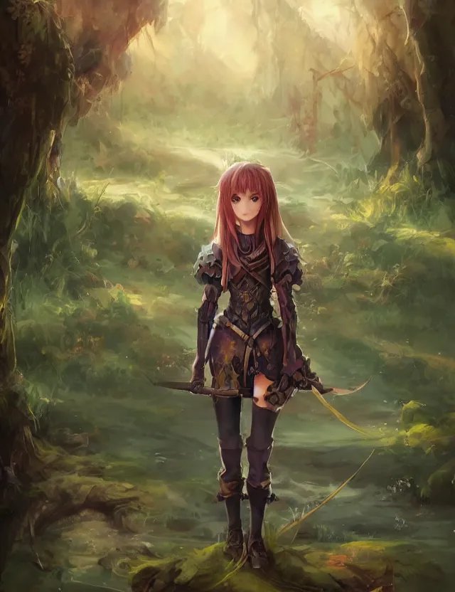 Prompt: scenic wide angle portrait of a teenage girl, confident knight's outfit, swamp, anime in fantasy style, trending artwork, painted in anime painter studio, by anato finstark, tony sart, marc simonetti and an anime artist, collaboration