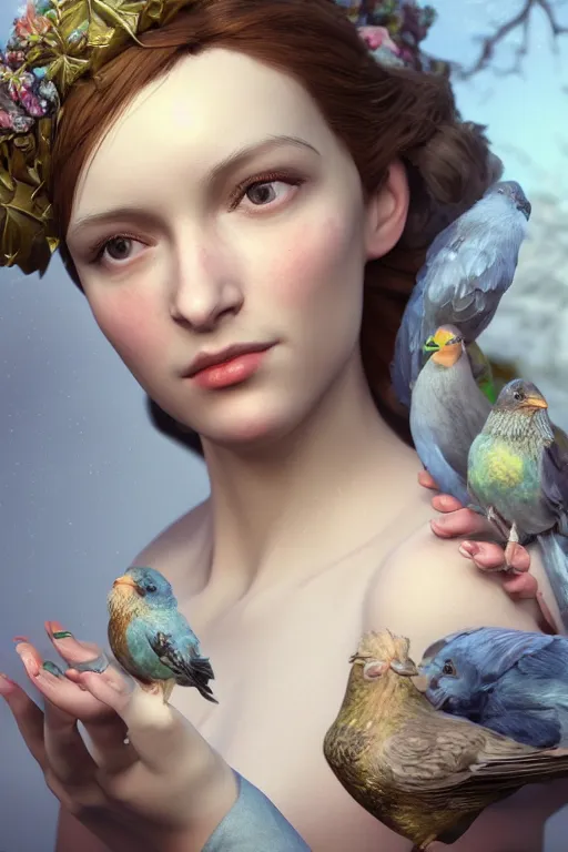 Image similar to close up 3 d render of english princess holding birds, beautiful face, realistic face, closeup, ornaments, mucha vibe, dieselpunk, solarpunk, artstation, andrei riabovitchev