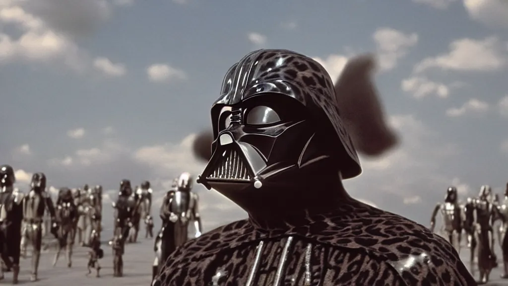 Prompt: Darth Vader wearing a cheetah print, film still from the movie directed by Denis Villeneuve with art direction by Salvador Dalí, wide lens