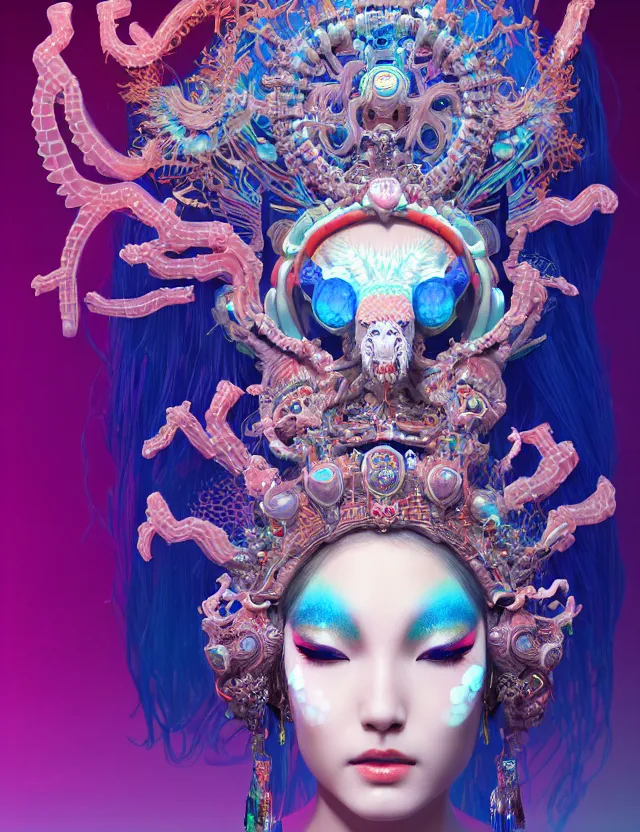 Image similar to 3 d goddess close - up profile portrait with crown, ram skull. beautiful intricately detailed neon japanese crow kitsune mask and clasical japanese kimono. betta fish, jellyfish phoenix, bio luminescent, plasma, ice, water, wind, creature, artwork by tooth wu and wlop and beeple and greg rutkowski