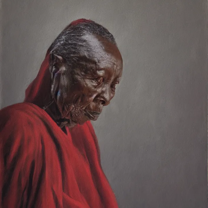 Prompt: a painting of a wise elder from Kenya by Lynette Yiadom-Boakye . dramatic angle, ethereal lights, details, smooth, sharp focus, illustration, realistic, cinematic, artstation, award winning, rgb , unreal engine, octane render, cinematic light, macro, depth of field, blur, red light and clouds from the back, highly detailed epic cinematic concept art CG render made in Maya, Blender and Photoshop, octane render, excellent composition, dynamic dramatic cinematic lighting, aesthetic, very inspirational, arthouse.