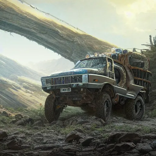 Prompt: full view of a off-road truck, intricate, elegant, highly detailed, digital painting, concept art, smooth, sharp focus, art style from Greg Rutkowski and Bruce Kaiser and Scott Robertson and Dmitry Mazurkevich and Doruk Erdem and Jon Sibal