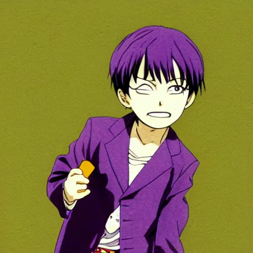 Prompt: pale little boy wearing a purple suit, artwork by eiichiro oda