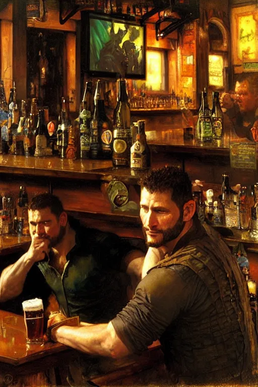 Image similar to chris redfield drinking beer in a bar, painting by gaston bussiere, craig mullins, greg rutkowski, alphonse mucha