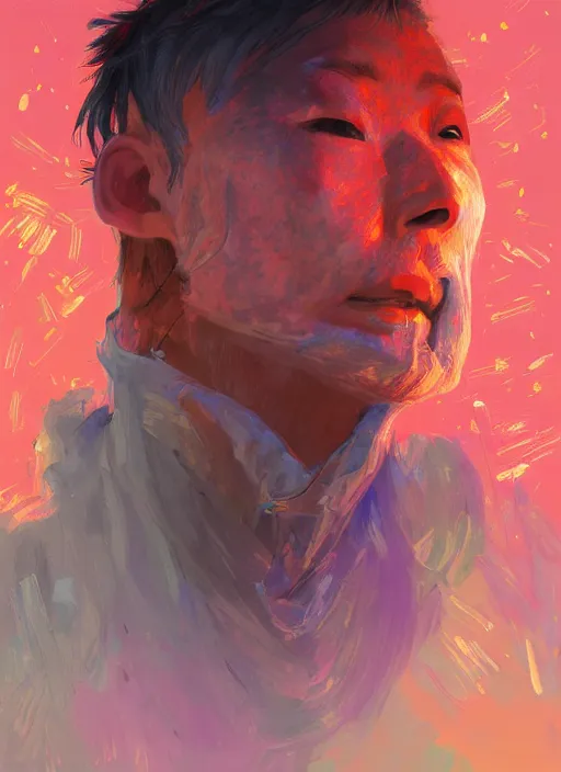 Image similar to colorful character portrait of a chinese prisoner at night lit by the stars, wispy smoke, highly detailed face, very intricate, symmetrical, cinematic lighting, award - winning, painted by mandy jurgens, peter doig, dystopian, bold colors, dark vibes, anime aesthetic, featured on artstation