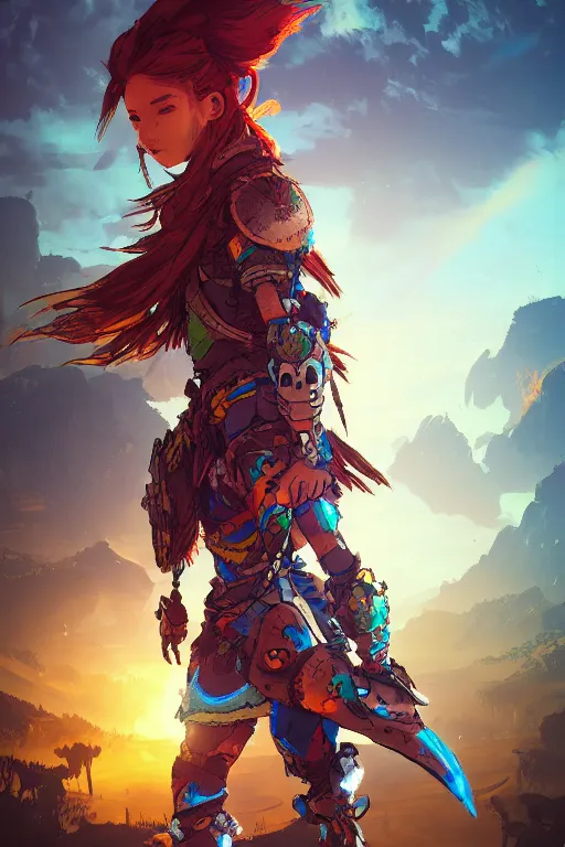 Image similar to combination suit armor aloy horizon forbidden west horizon zero dawn radiating a glowing aura global illumination ray tracing hdr fanart arstation by ian pesty and alena aenami artworks in 4 k tribal robot ninja mask helmet backpack