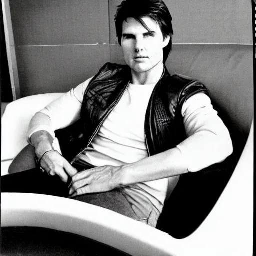 Image similar to Polaroid of Tom Cruise sitting in recliner with remote control 1983
