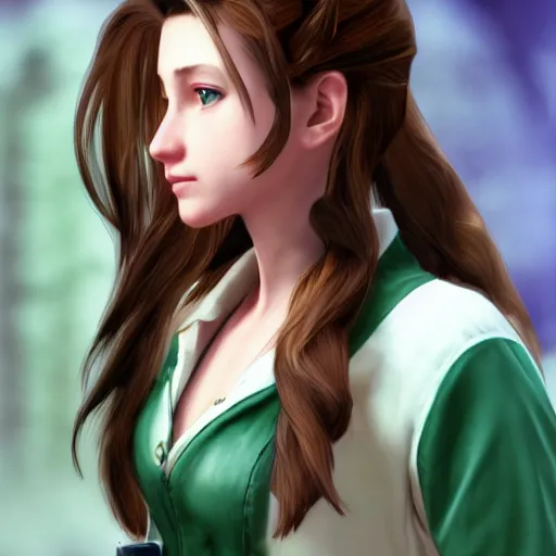 Image similar to mid-close portrait of Aerith Gainsborough in the style of GTA-5 loading screen art