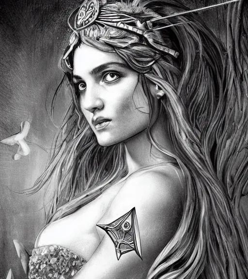 Image similar to aphrodite goddess wearing an arrow on her head, beautiful face, black and white drawing, in the style of greg rutkowski, fantasy, amazing detail, epic, intricate, elegant, smooth, sharp focus