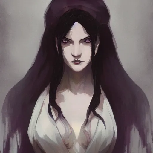 Image similar to female human vampire witch in the style of greg rutkowski, makoto shinkai, trending on artstation, character design, concept art, pretty face, highly detailed, long black hair, portrait, digital art