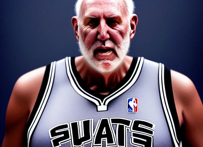 Image similar to facial portrait of greg popovich flying, fantasy, inspiring, super hero art, oil on canvas, octane render, san antonio spurs suit, trending on artstation