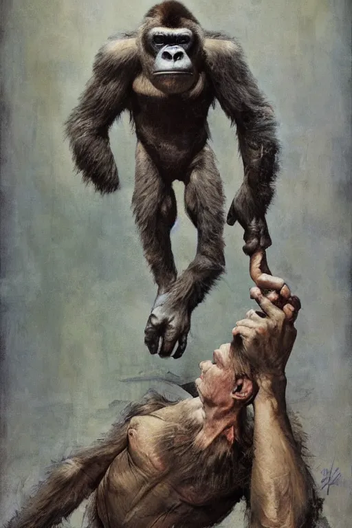 Prompt: full body portrait of huge slimy hairless bipedal gorilla, by norman rockwell, jack kirby, jon berkey, earle bergey, craig mullins, ruan jia, jeremy mann, tom lovell, marvel, astounding stories, 5 0 s pulp illustration, scifi, fantasy, artstation creature concept