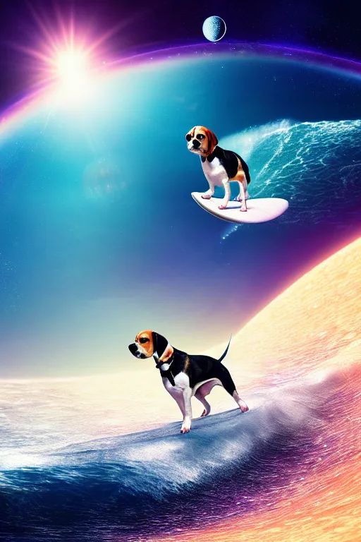 Image similar to beagle dog surfing a surfboard on a sparkly crashing wave of stardust in space, background is a moon in nebula, octane render, unreal engine, wide view, 8 k, highdetaild