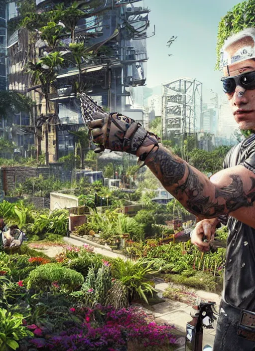 Image similar to johnny silverhand working in a garden, wake up samurai, solarpunk, lots of plants, gardening, permaculture, cyberpunk 2 0 7 7, anarchy, realistic, ultra detailed