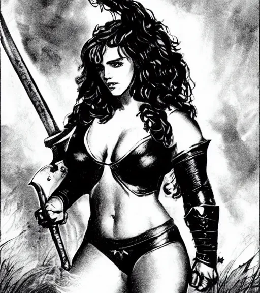 Prompt: 1 9 8 0 s fantasy novel book cover, bbw plus size amazonian emma watson in extremely tight bikini armor wielding a cartoonishly large sword, exaggerated body features, dark and smoky background, low quality print